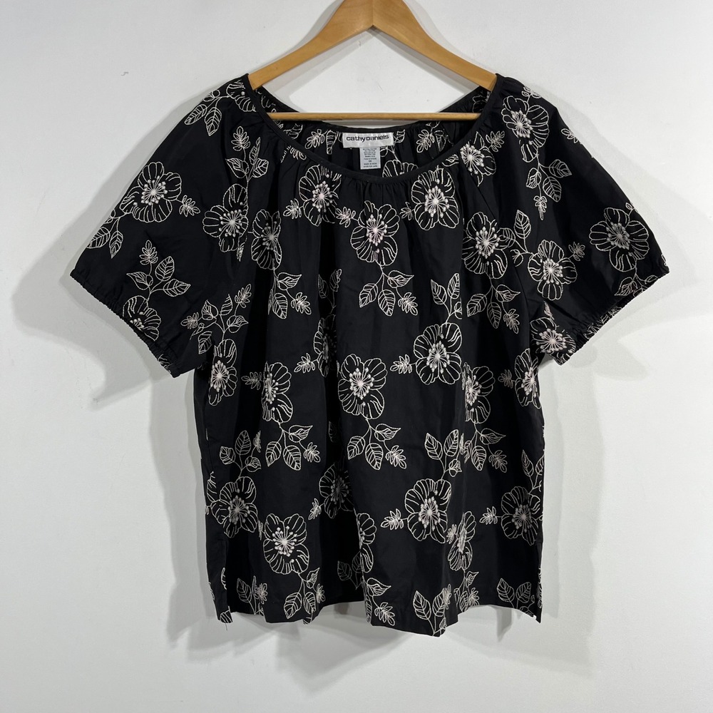 Cathy Daniels VTG 90s Boho Womens 1X Floral Embroidered Scoop Neck Top Cottage